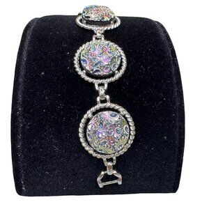 Vintage Sarah Coventry Silver Bracelet Iridescent Floral Etched Cabochons Rope